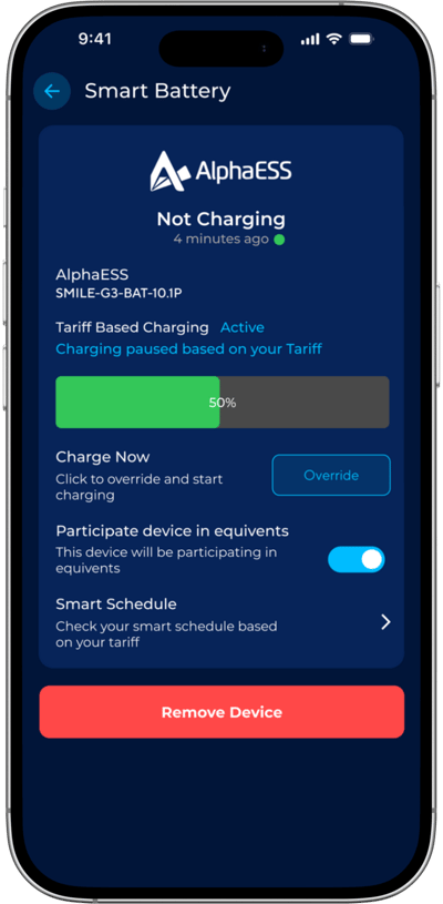 EQ App - AlphaESS Battery Settings Screen