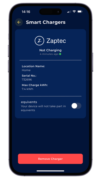 EQ App - EV Charger Settings Screen - Zaptec