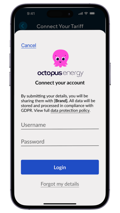 EQ App - Energy Provider account connection screen