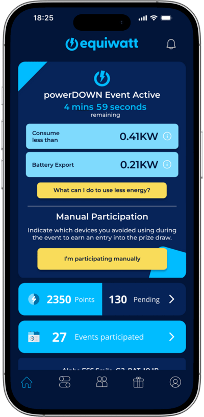 EQ App - Home Screen - AlphaESS Battery connected - event live - with export MPAN