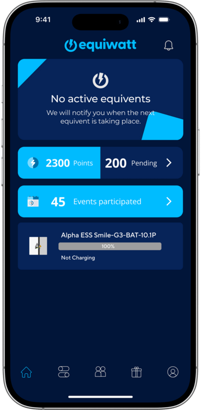EQ App - Home Screen - AlphaESS Battery connected - no event live