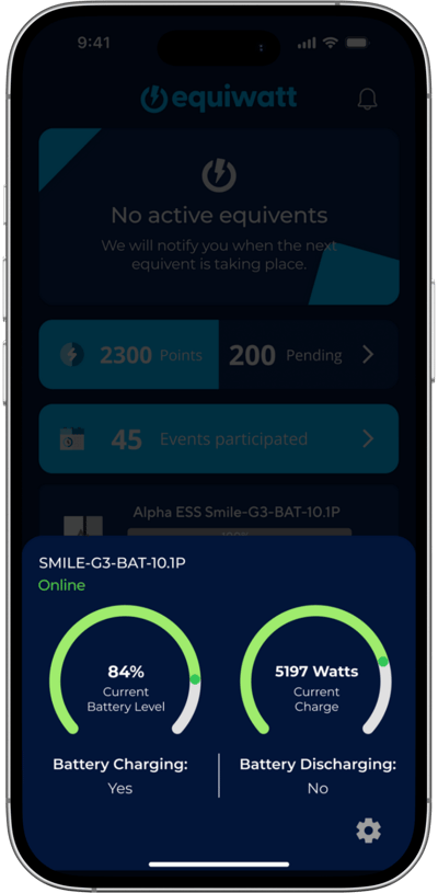 EQ App - Home Screen - AlphaESS Battery connected - widget - no event live