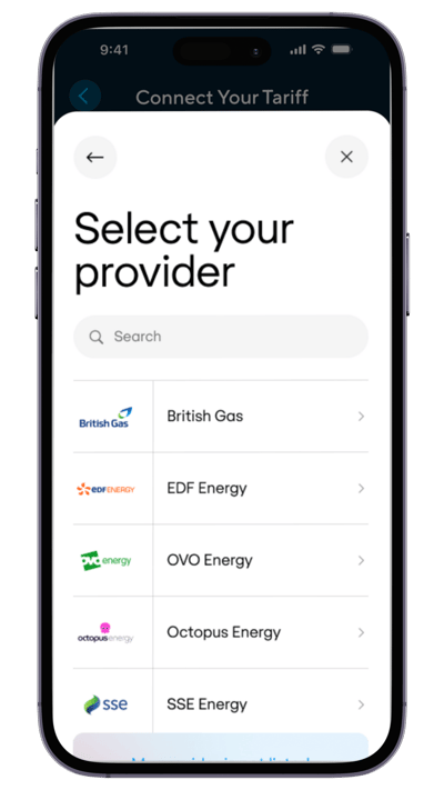 EQ App - Tariff provider selection screen