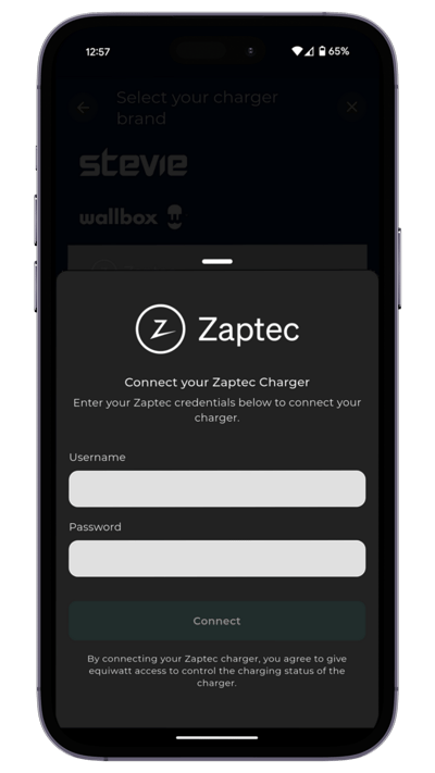EQ App - Zaptec Login Screen